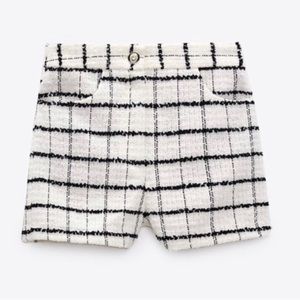 ZARA Tweed Black and White Window Pane High Waist Shorts NWT